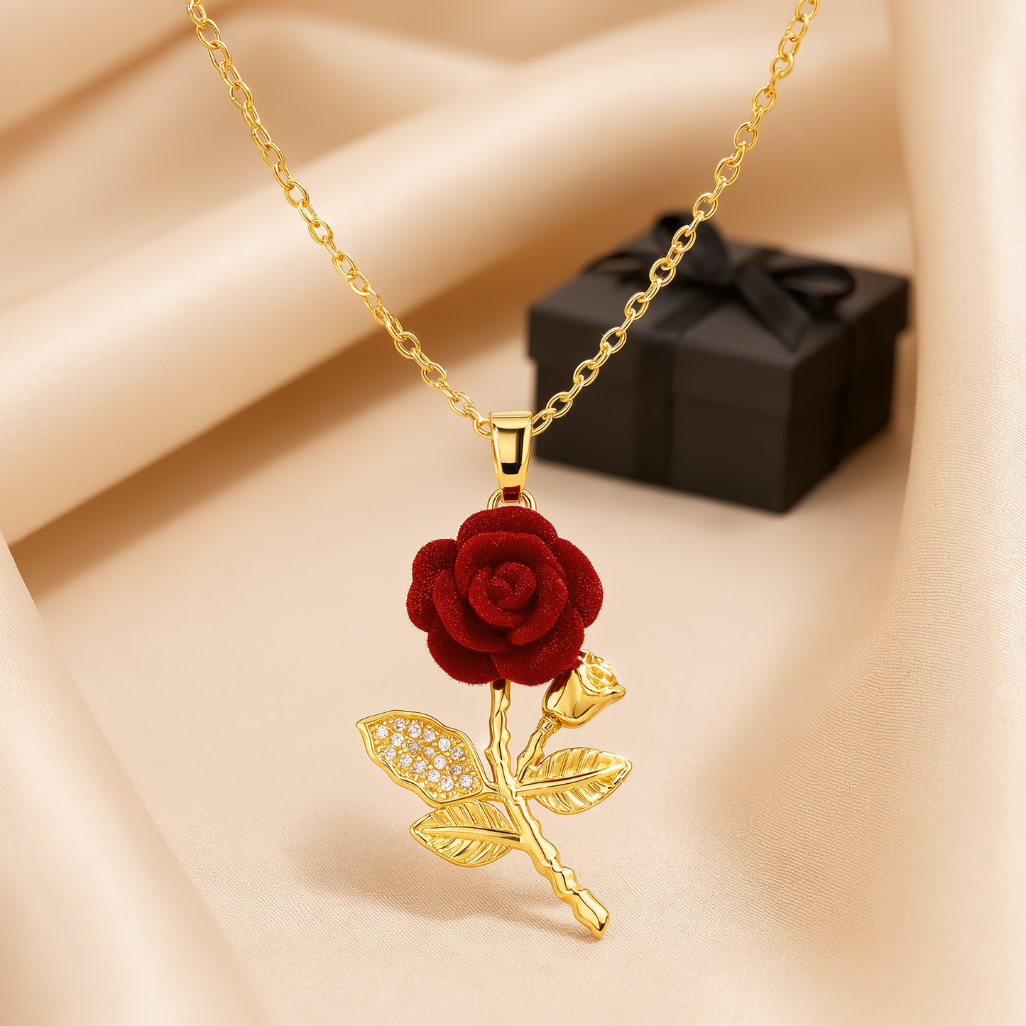 Collar Rosa 3D en Acero Dorado + Estuche de Lujo GRATIS