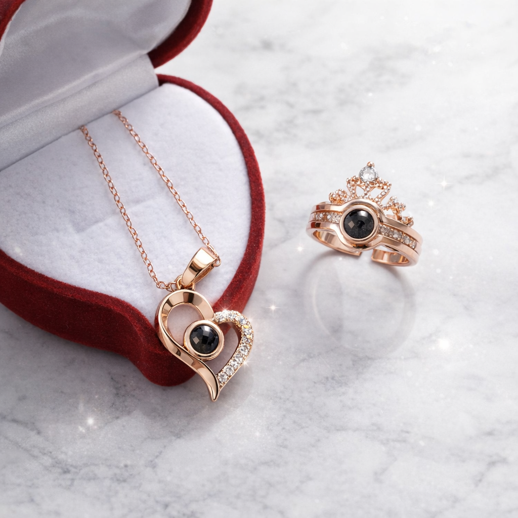 Set Anillo & Collar Te Amo en 100 Idiomas + Caja Regalo