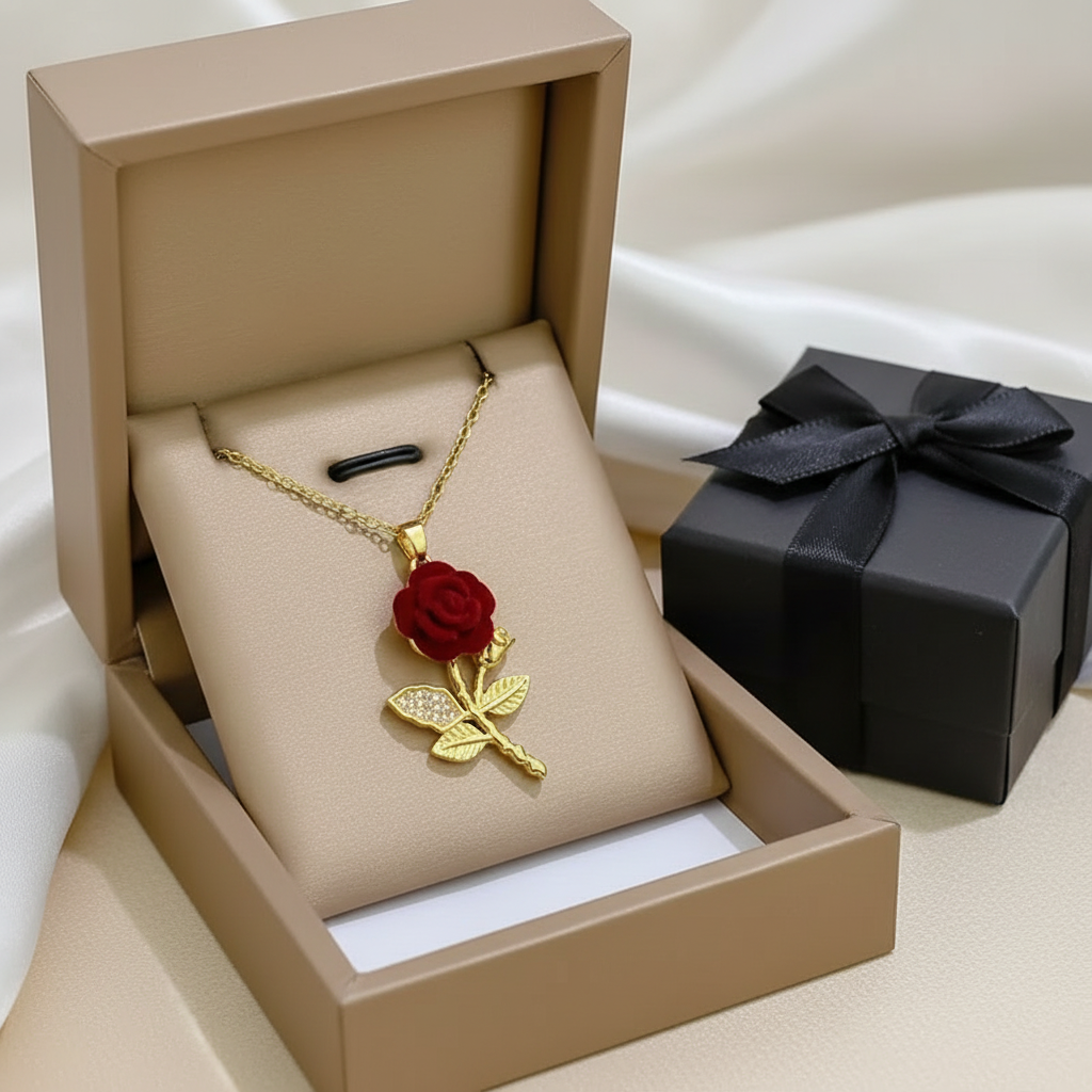 Collar Rosa 3D en Acero Dorado + Estuche de Lujo GRATIS
