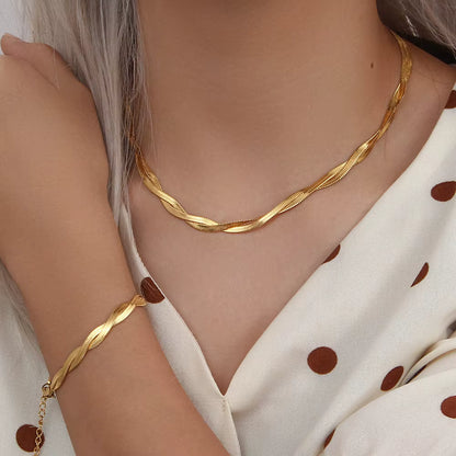 SET ESPIGA TRENZADA chapado en oro de 18 K - Collar & Pulsera