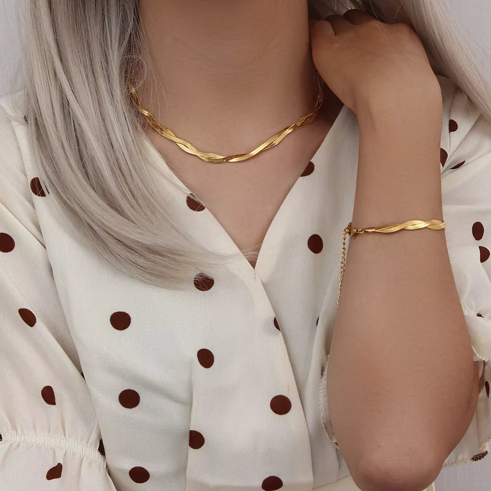 SET ESPIGA TRENZADA chapado en oro de 18 K - Collar & Pulsera