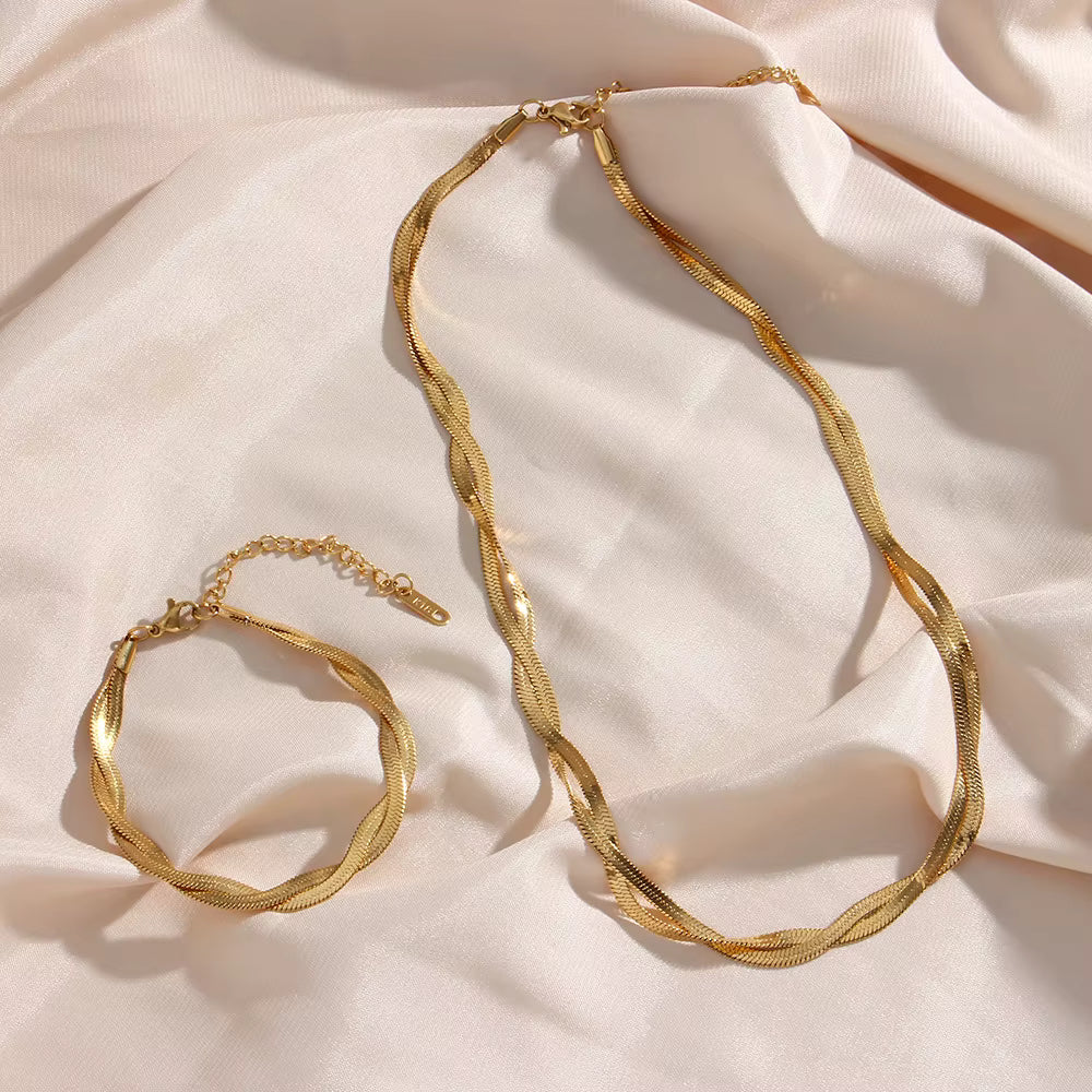 SET ESPIGA TRENZADA chapado en oro de 18 K - Collar & Pulsera