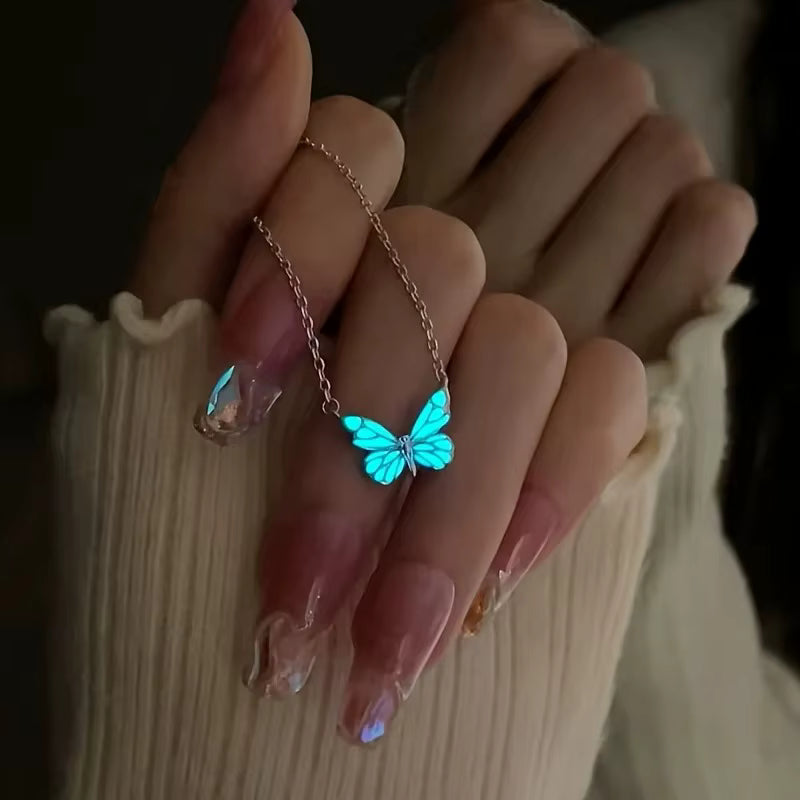 Set Mariposa Azul Luminosa - Collar & Pulsera que Brillan en la Oscuridad + Caja de Regalo