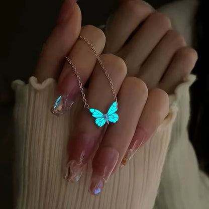 Set Mariposa Azul Luminosa - Collar & Pulsera que Brillan en la Oscuridad + Caja de Regalo