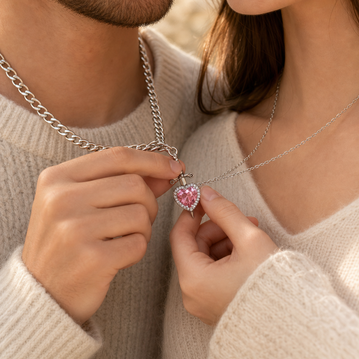 Set Collares Corazón & Espada + Caja Regalo